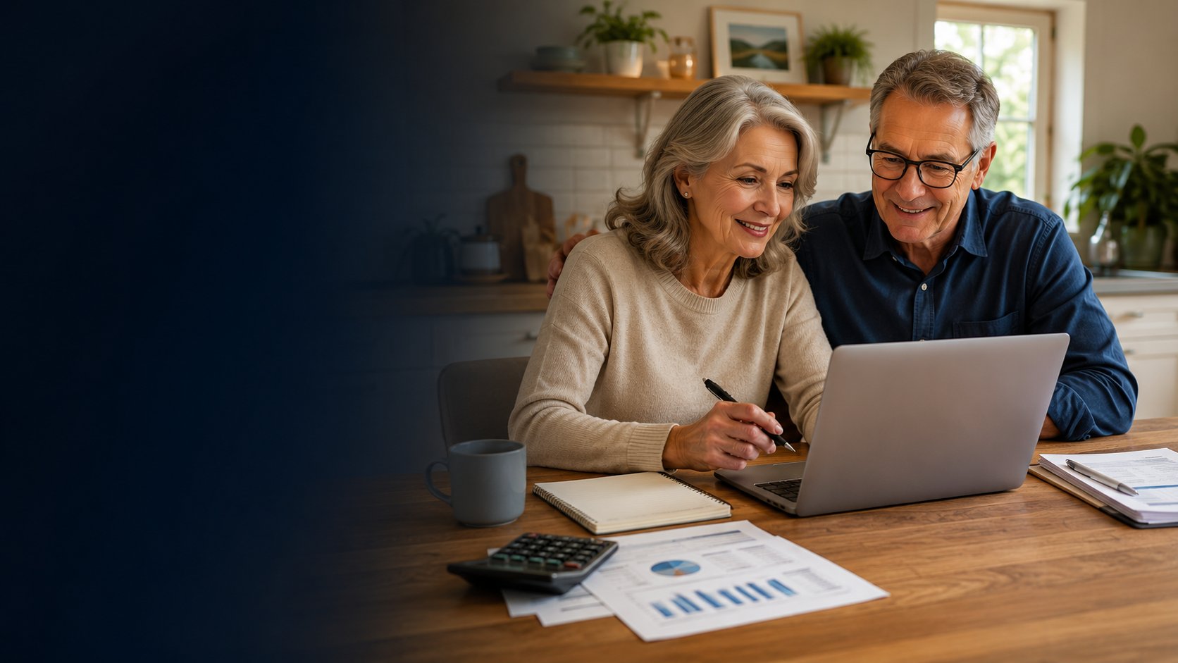 A retired couple reviewing their retirement plan together at a laptop